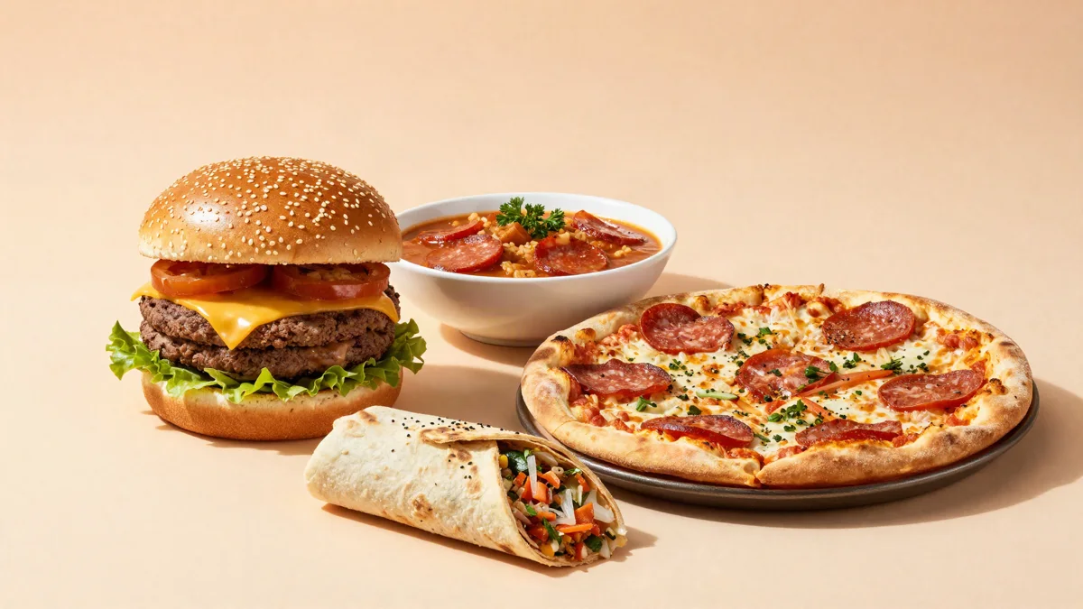 Burger, pizza, dürüm ve ev yemeklerinden oluşan kompozisyon