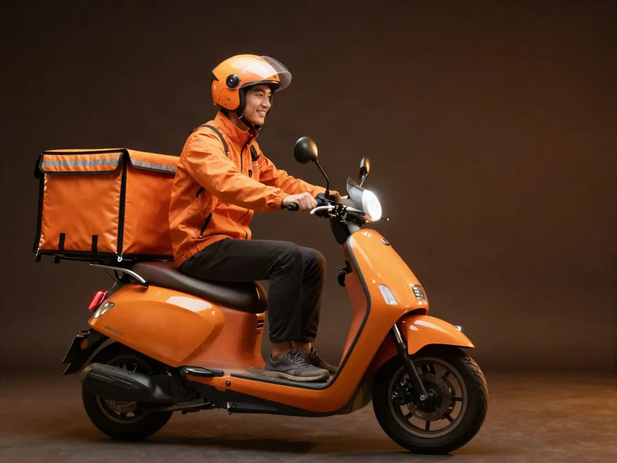 LazımMarket kuryesi turuncu motosiklette